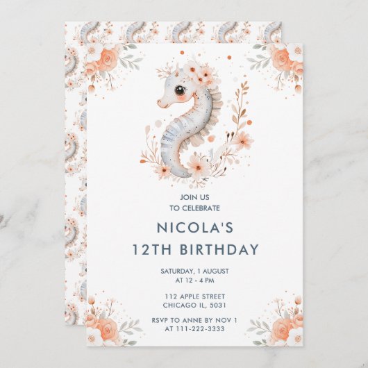Cute Floral Seahorse Birthday Party Einladung (Vorne/Hinten)
