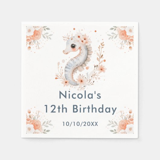 Cute Floral Seahorse Birthday Party Serviette (Vorderseite)