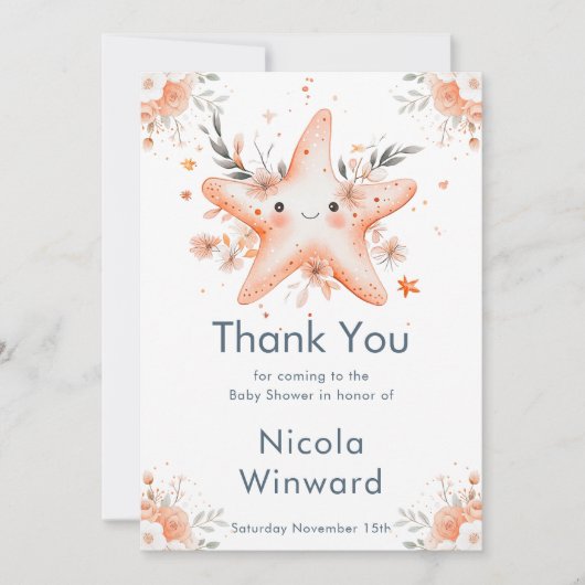 Cute Floral Starfish Baby Shower Dankeskarte (Vorderseite)