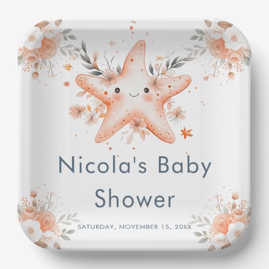 Cute Floral Starfish Baby Shower Pappteller (Vorderseite)