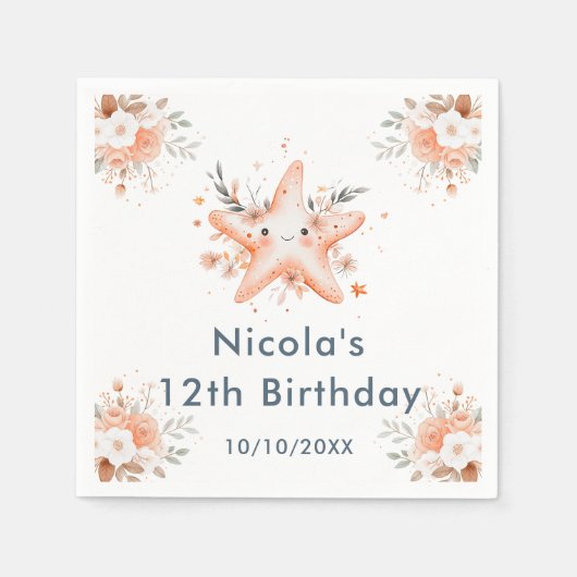 Cute Floral Starfish Birthday Party Serviette (Vorderseite)