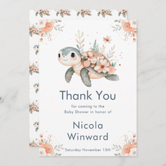 Cute Floral Turtle Baby Shower Dankeskarte (Vorne/Hinten)