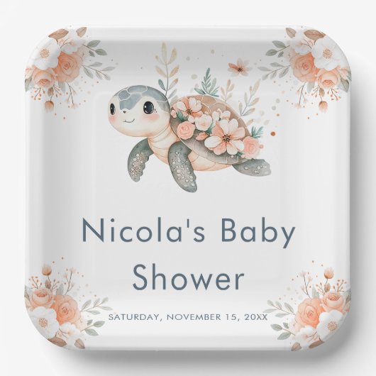 Cute Floral Turtle Baby Shower Pappteller (Vorderseite)