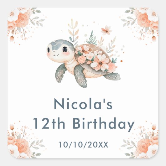 Cute Floral Turtle Birthday Party Quadratischer Aufkleber (Vorderseite)