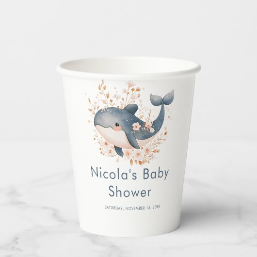 Cute Floral Whale Baby Shower Pappbecher (Rückseite)