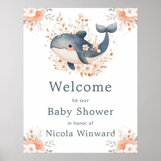Cute Floral Whale Baby Shower Welcome Poster (Vorne)
