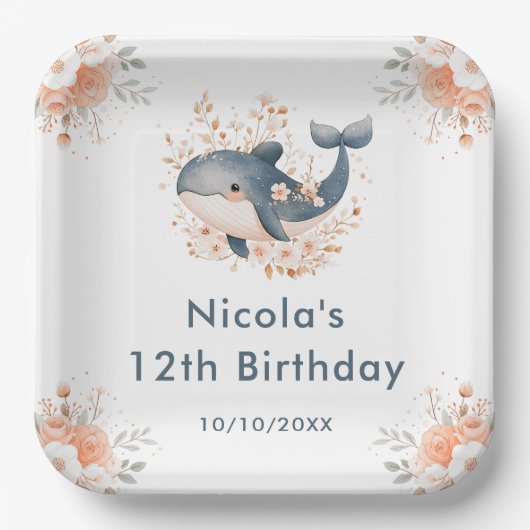 Cute Floral Whale Birthday Party Pappteller (Vorderseite)
