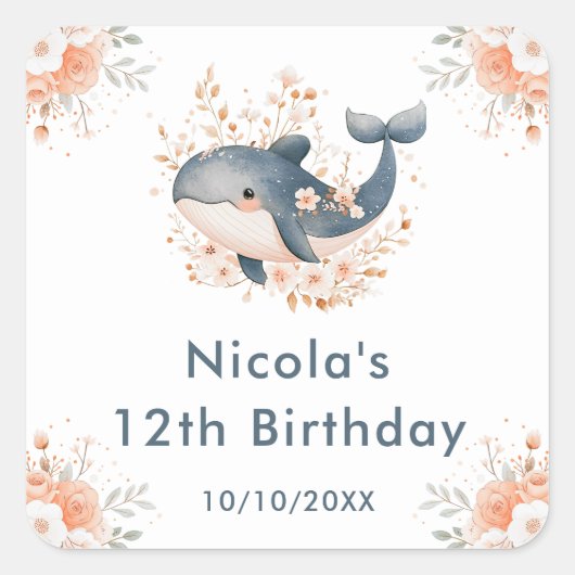 Cute Floral Whale Birthday Party Quadratischer Aufkleber (Vorderseite)