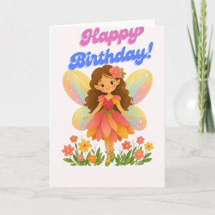 Cute Flower Fairy Happy Birthday Card - Pastel Win Karte
