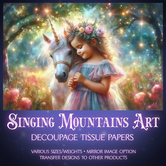 Cute Flower Girl and Unicorn In Forest Decoupage  Seidenpapier