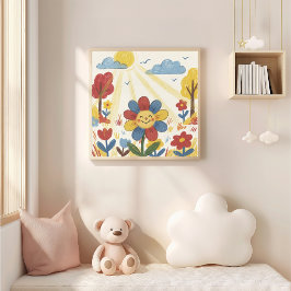 Cute Flower In The Sun Crayon Drawing Kid Poster