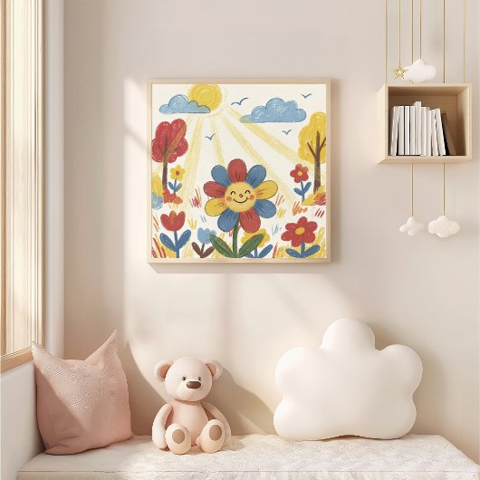 Cute Flower In The Sun Crayon Drawing Kid Poster