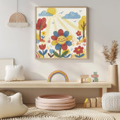 Cute Flower In The Sun Crayon Drawing Kid Poster