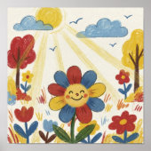 Cute Flower In The Sun Crayon Drawing Kid Poster (Vorne)