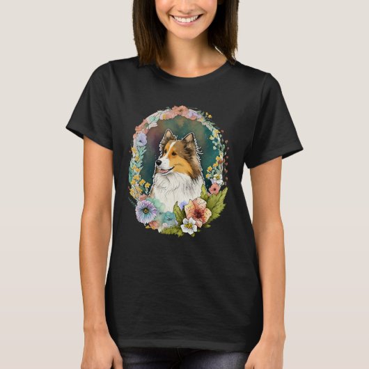 Cute Flower Sheltie summer Floral Shetland Sheepdo T-Shirt (Vorderseite)