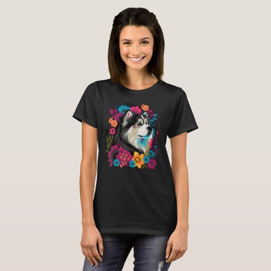 Cute Flower summer Floral Alaskan Malamute T-Shirt (Vorne ganz)