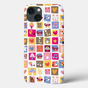 cute flowers, birds, hearts squares pattern Case-Mate iPhone hülle
