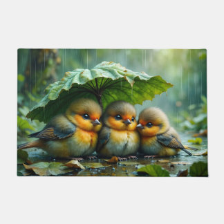 Cute fluffy birds hiding under leaf in rain fußmatte