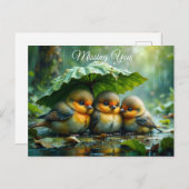Cute fluffy birds in rain *Missing You* Postkarte (Vorne/Hinten)