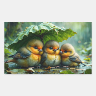 Cute fluffy birds in rain rechteckiger aufkleber