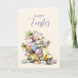 Cute Fluffy Bunny in a Scooter Happy Easter Card Feiertagskarte