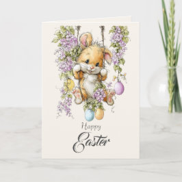 Cute Fluffy Bunny Watercolor Easter Card Pink Ears Feiertagskarte