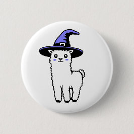 Cute Fluffy Halloween Llama Wearing Purple Witch Button