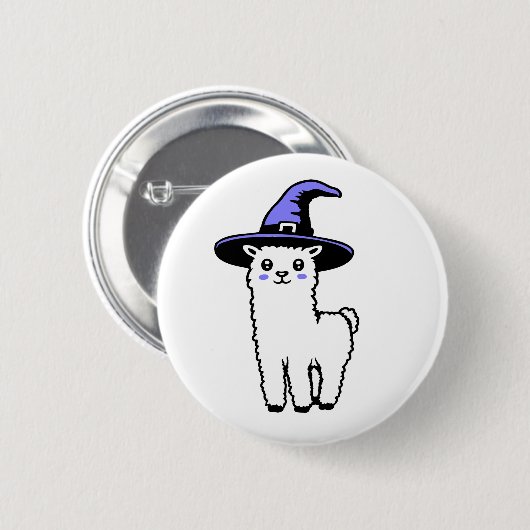 Cute Fluffy Halloween Llama Wearing Purple Witch Button (Vorne & Hinten)