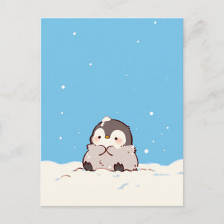 Cute Fluffy Penguin in Snowy Winter Landscape Postkarte