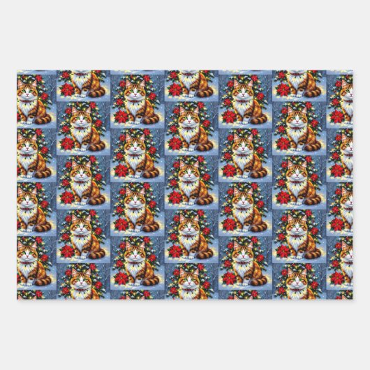 Cute Folk Art Impasto Cat Festive Christmas Geschenkpapier Set (Vorderseite 3)