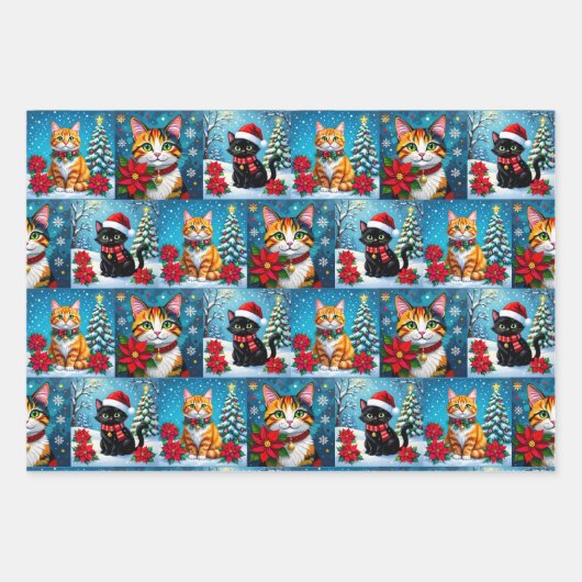 Cute Folk Art Impasto Cat Festive Christmas Geschenkpapier Set (Vorderseite)