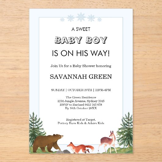 Cute Forest Animals Baby Boy Shower Design Acryleinladungen (Vorderseite)