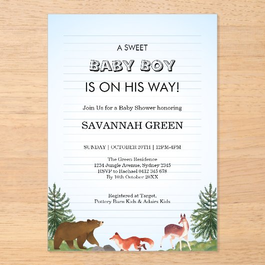 Cute Forest Animals Baby Boy Shower Design Acryleinladungen (Vorderseite)
