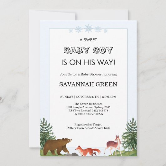 Cute Forest Animals Baby Boy Shower Design Einladung (Vorderseite)