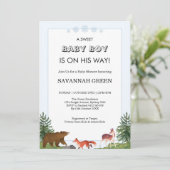 Cute Forest Animals Baby Boy Shower Design Einladung (Stehend Vorderseite)