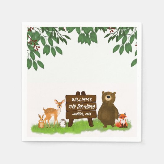 Cute Forest Animals Happy Woodland Kid's Birthday Serviette (Vorderseite)