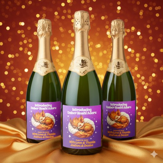 Cute Fox Asleep in Leaves Baby Shower Schaumweinetikett