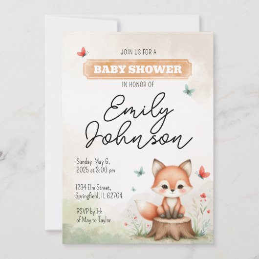 Cute fox baby shower invitation einladung (Vorderseite)