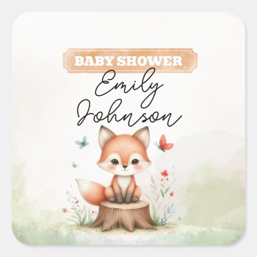 Cute fox baby shower  quadratischer aufkleber (Vorderseite)