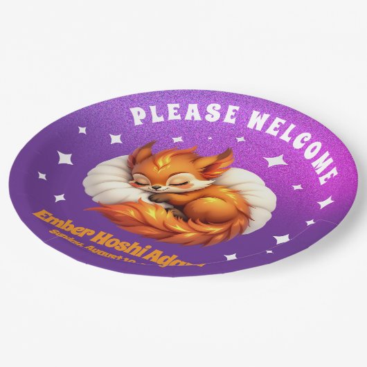 Cute Fox Cub Asleep in Starry Night Sky Pappteller (Schrägansicht)