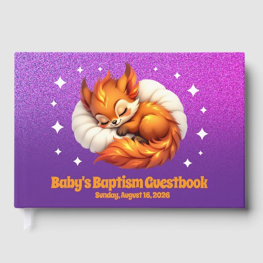 Cute Fox Cub Asleep in Starry Sky Baptism Gästebuch (Vorderseite)