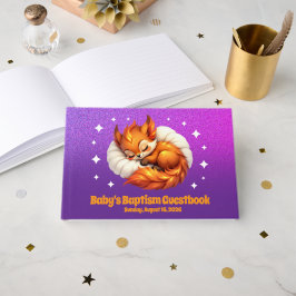 Cute Fox Cub Asleep in Starry Sky Baptism Gästebuch