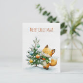 Cute fox decorating a small Christmas tree, Postkarte (Stehend Vorderseite)