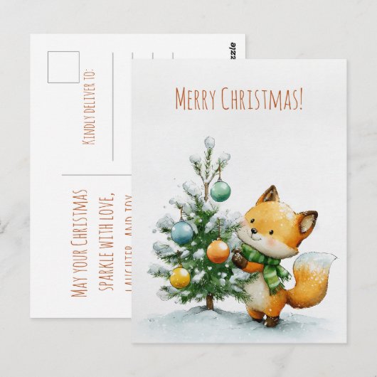 Cute fox decorating a small Christmas tree, Postkarte (Vorne/Hinten)