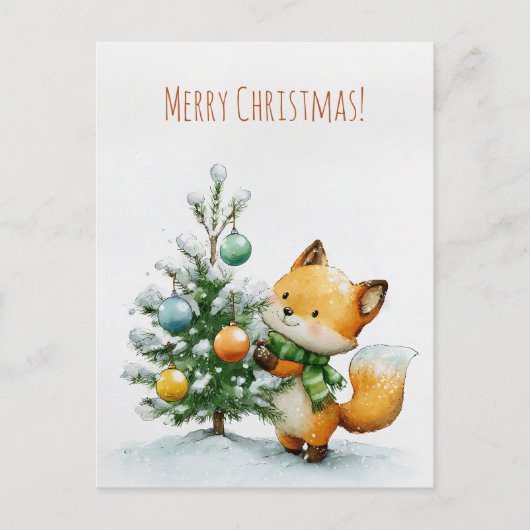 Cute fox decorating a small Christmas tree, Postkarte (Vorderseite)