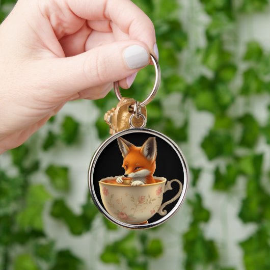Cute Fox Drinking Tea on Keychain Schlüsselanhänger (Hand)
