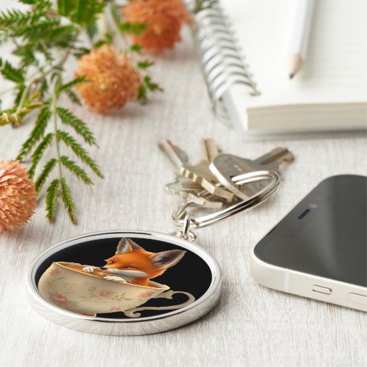 Cute Fox Drinking Tea on Keychain Schlüsselanhänger (Seite)