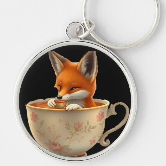 Cute Fox Drinking Tea on Keychain Schlüsselanhänger (Vorne)