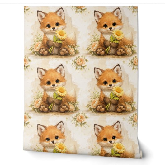 Cute Fox Flower Pattern Wallpaper Nursery Tapete (Abrollen)