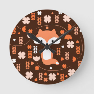 Cute fox, flowers and leaves in orange runde wanduhr